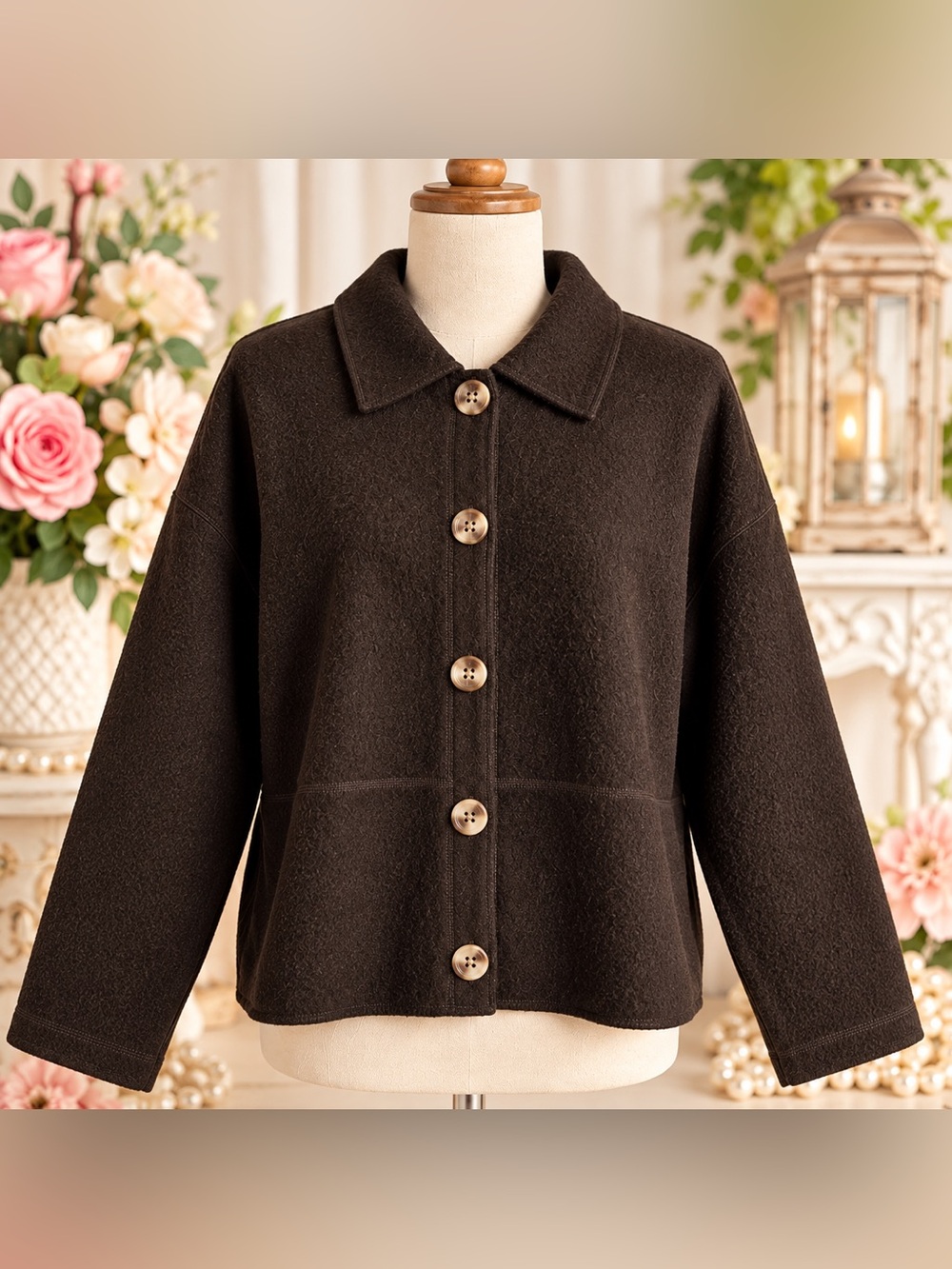 Vintage Crystal-Kobe 100% Wool Brown Jacket Size L Marbled Buttons